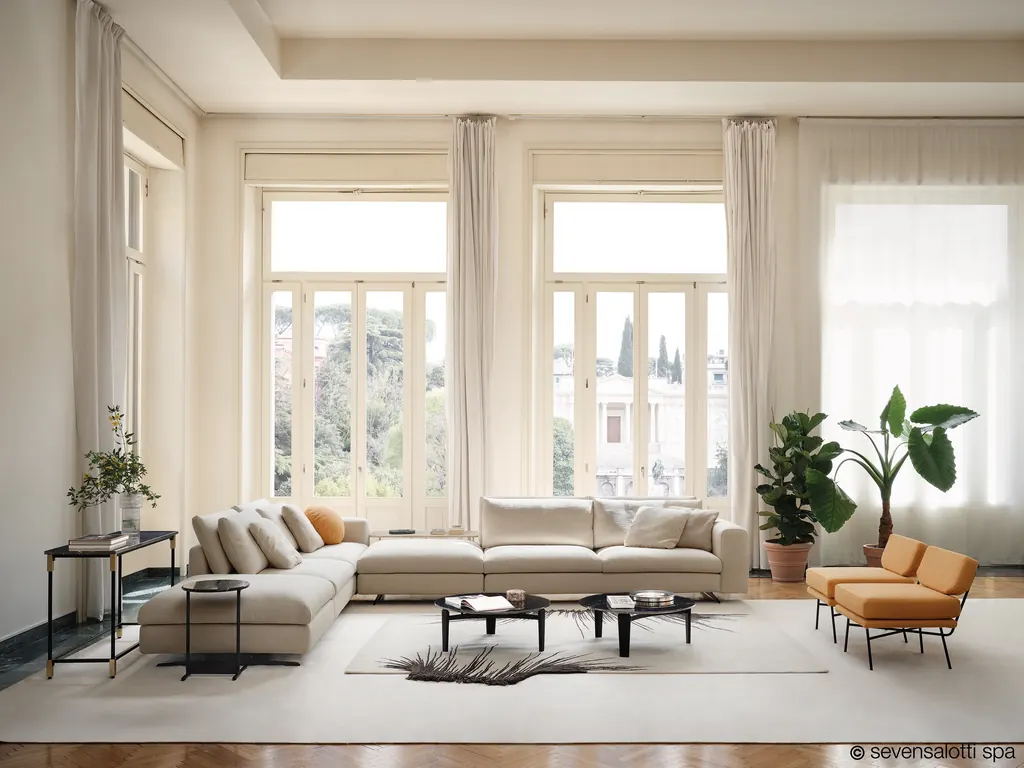 Composizione angolare Leenus Arflex color crema in un salone con alte portefinestre e parquet