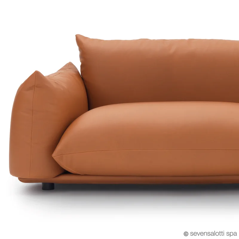 Detail of the Arflex Marenco sofa: armrest, tan