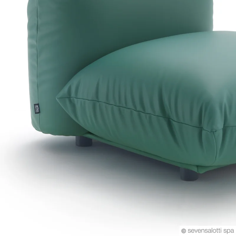 Detail of the Arflex Marenco sofa: seat and foot, petrol green