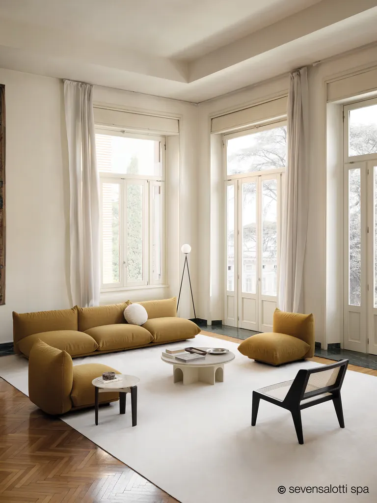 Divano e poltrone Marenco Arflex color senape in una sala alta con finestre e parquet