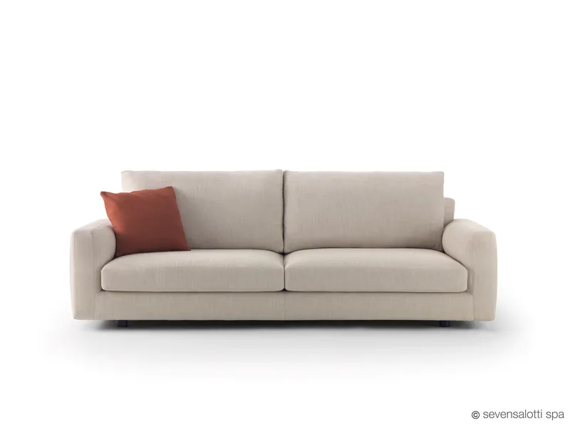 Beige Arflex Rendez-Vous sofa with a red cushion, front view