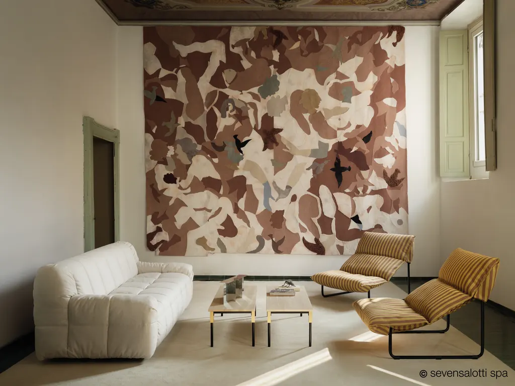 Divano Strips 77 Arflex bianco in una sala con grande arazzo e soffitto decorato