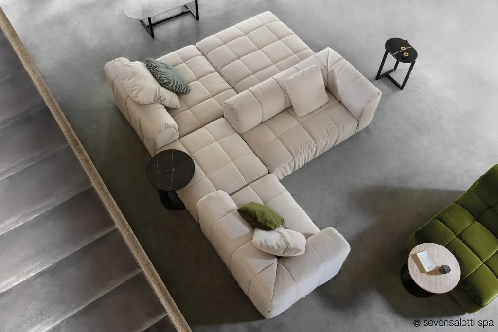 White Arflex Strips corner composition with green cushions, seen from above
