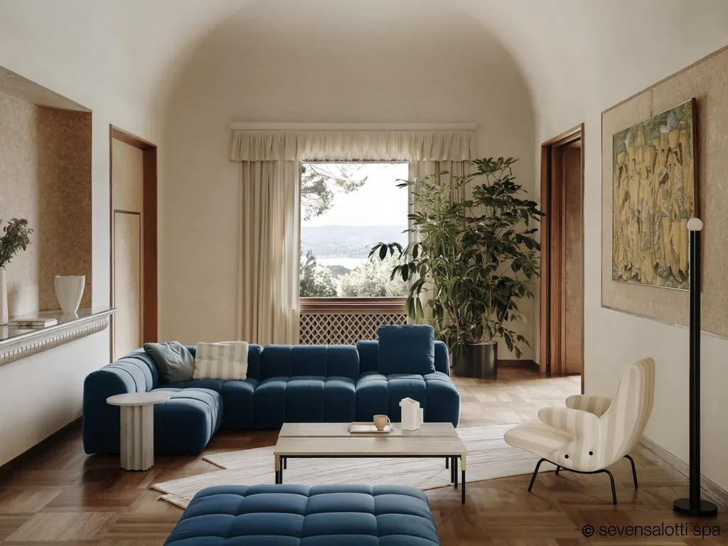Composizione Strips blu con pouf in una sala voltata