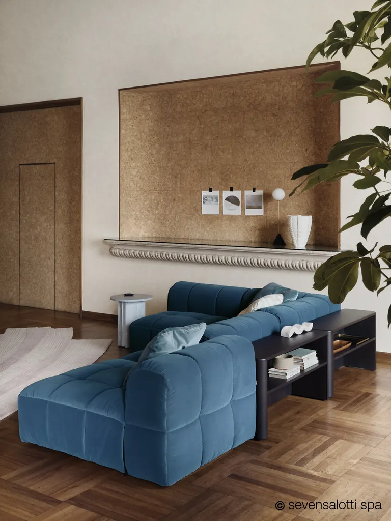 Blue Arflex Strips composition in a living room with a niche and herringbone parquet