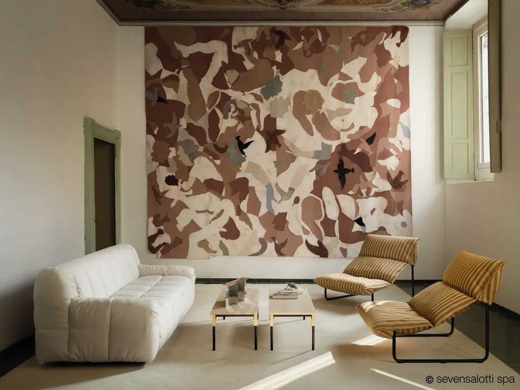 Due poltrone Taboga Arflex a righe color ocra davanti a una grande opera tessile a parete