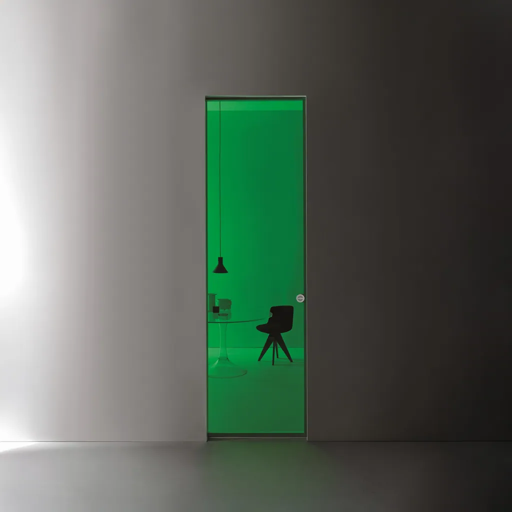 Porta a scomparsa Aladin Pocket Mono in cristallo trasparente verde, chiusa, su una parete scura