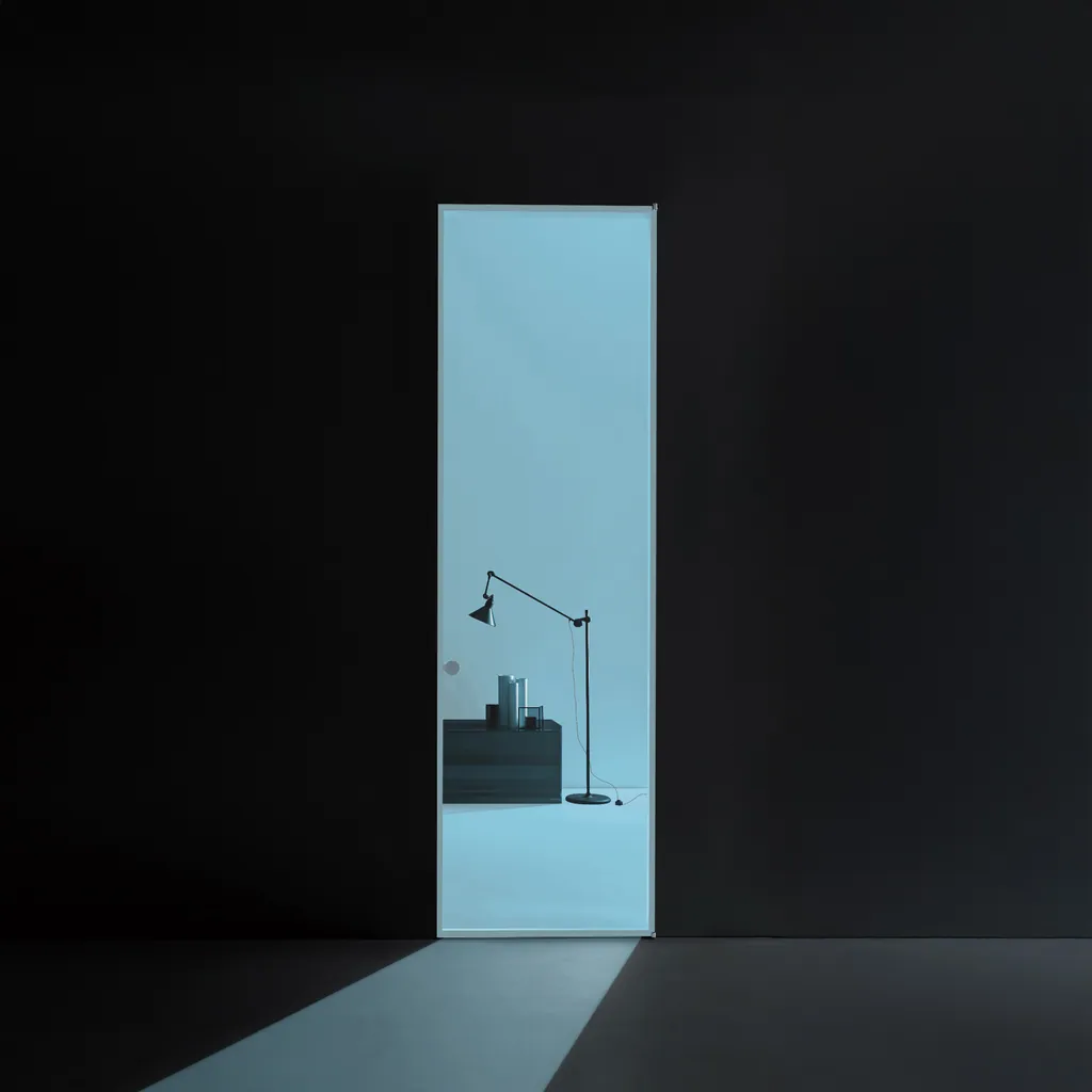 Porta a battente Aladin Swing Plain Mono aperta su una stanza illuminata di azzurro