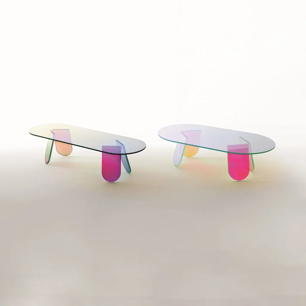 Due tavoli bassi ovali Shimmer di Glas Italia con finitura cangiante