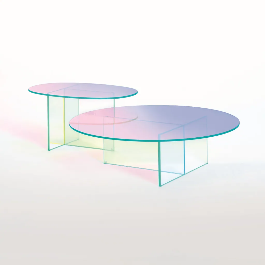Due tavoli bassi rotondi Shimmer di Glas Italia con basi in cristallo trasparente