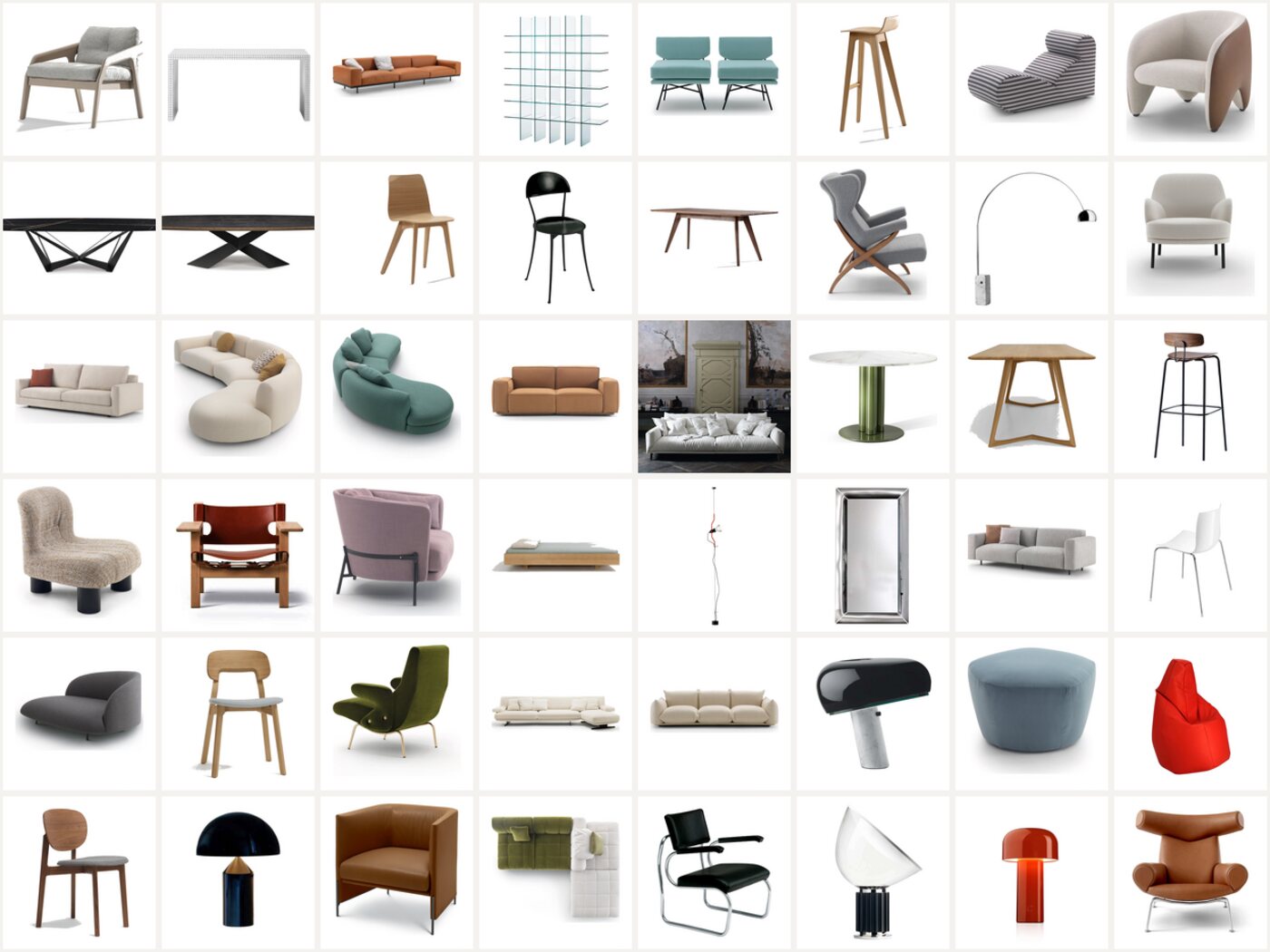 Arredi iconici dei marchi di design che trattiamo: lampade, divani, sedie e tavoli