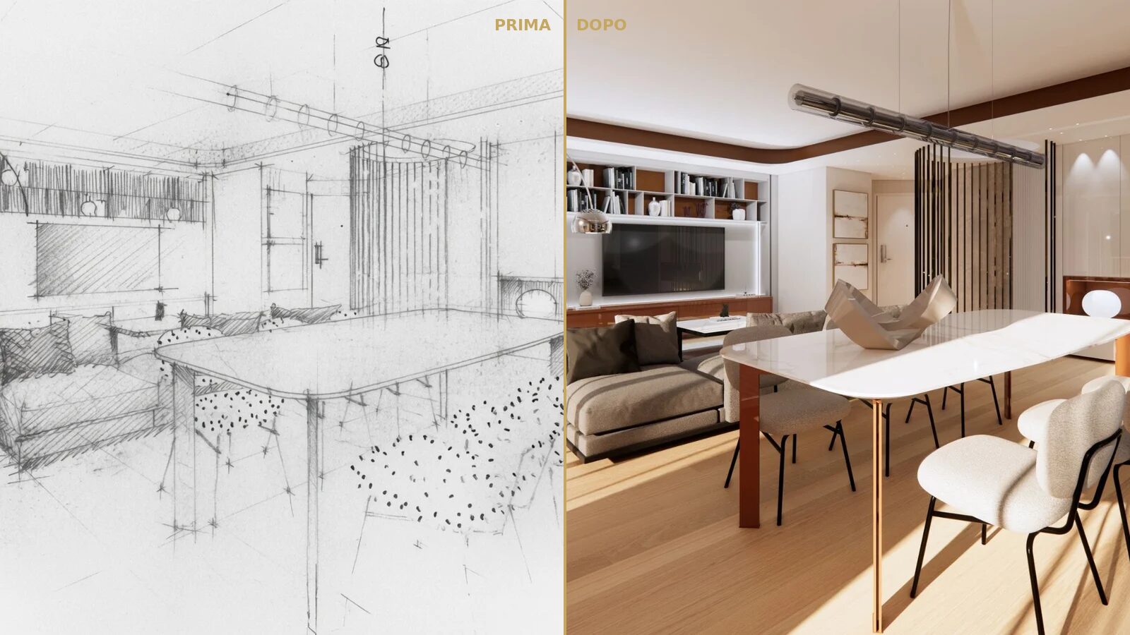 Progetto d’interni prima e dopo: schizzo a matita e render in realtà virtuale
